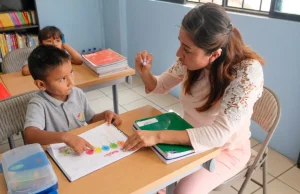 A female teacher teaching a young student by his desk in a classroom